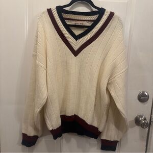 Falls Creek V-Neck Tennis Style Sweater in Cream and Burgundy